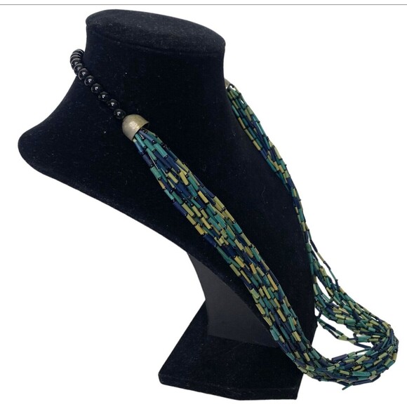 Wood Bugle Beads Necklace Multi Colored Layered  Boho Ethnic Multiple Strand - Picture 4 of 9